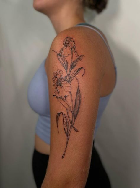 Iris Tattoo Arm, Iris Shoulder Tattoo, Iris Arm Tattoo, Japanese Iris Tattoo, Flower Tattoo Aesthetic, Iris Flowers Tattoo, Iris Flower Tattoos, Iris Tattoo Design, Godspeed Tattoo