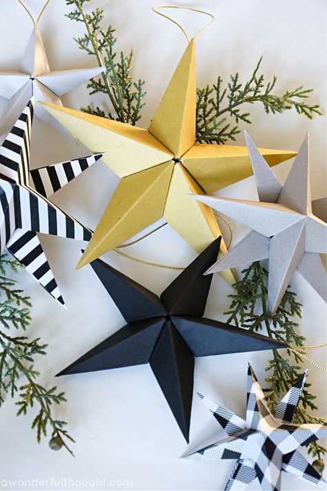 Easy Diy Paper Ornaments, Craft Stars Christmas, Card Stock Christmas Decorations, Moravian Star Diy, How To Make A 5 Point Star, Paper Christmas Stars How To Make, Paper Star Lanterns Diy, 3d Christmas Stars Diy, Making Paper Stars