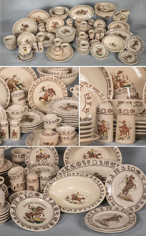 Wallace "Rodeo" Pattern China Set “Westward Ho!" the original cowboy ranch dishes, graphics designed by cowboy artist Till Goodan. These were made in LA by Wallace China Co. between 43' and 64'. This is a large collection of dinnerware, including many hard to find accessories and serving pieces. Highly collectable items such as the water pitcher, and covered sugar bowl. There are also 3 "Big Loop" plates, and a child's "Ride em' Cowboy!" plate from the Little Buckaroo set, and a colorful ashtray Western Plates, Cowboy Kitchen, Vintage Western Decor, Western Dinnerware, Western Kitchen Decor, Western Dishes, Cowboy Decor, Ranch House Decor, Cowboy Ranch