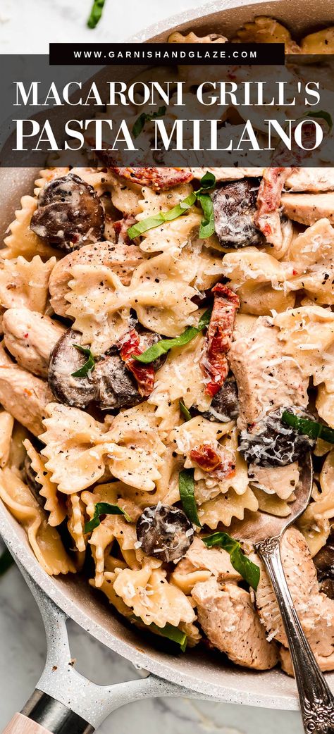 Macaroni Grill's delicious Chicken Pasta Milano can be made right at home! In less than 30 minutes and with a few simple ingredients, your family will be sitting down to a creamy garlic pasta dish everyone is sure to love! #pastarecipe #chickenpastarecipes #copycatrecipes | GarnishandGlaze.com