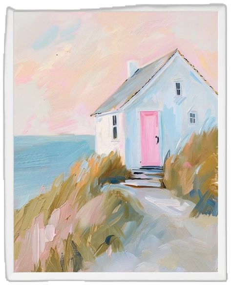 Naive Art Seaside, Beach House Drawing, Beach House Painting, Coastal Photos, Watercolor Room, Beach House Artwork, Beach Goals, Pink Coastal, White Beach House