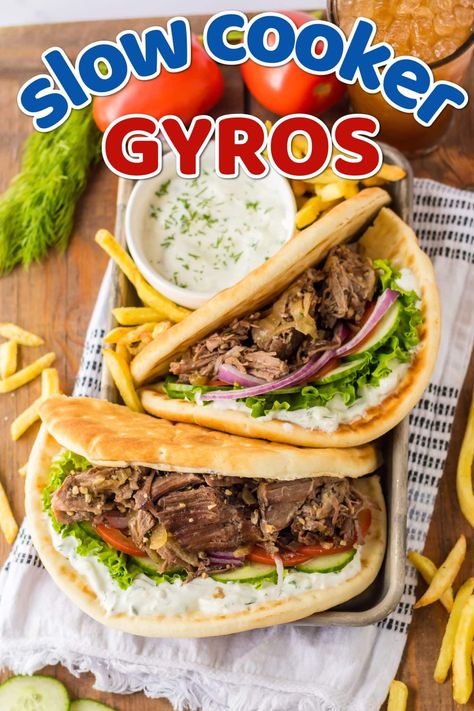 Slow Cooker Gyros, Gyro Recipes, Dinner Reciepes, Gyro Meat Recipe, Beef Gyro, Lamb Gyros, Greek Gyros, Gyro Recipe, Homemade Tzatziki Sauce