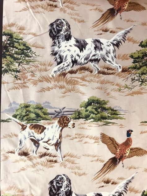 Fabric Vat Prints Vtg Mid Century Modern Hunting Pheasant Bird Dogs MCM Lodge Collage Quilting, Type Collage, Hawaiian Cocktails, Sewing Upholstery, English Setter Dogs, Quail Hunting, October Sky, Mid Century Modern Fabric, Bow Hunter