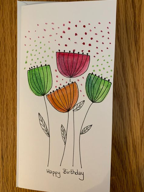 Notecard Drawings Easy, Card Drawing Ideas, Whimsical Art Drawings, Diy Watercolor Cards, Whimsical Flowers, Watercolor Birthday Cards, Birthday Card Drawing, Doodle Art Drawing, Diy Watercolor Painting