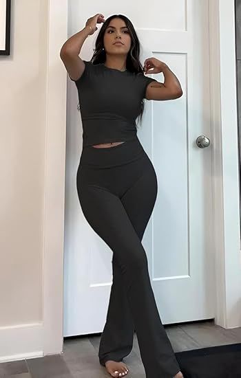 Short Sleeve Crop High Waist Foldover Flare Pants Tracksuit Sets Streetwear Low Rise Flare Leggings, Womens Lounge Outfits, Fall Outfits Women Black Woman, Lounge Set Outfit, Lounge Outfits, Skirt Outfits Fall, Street Style Fall Outfits, Two Piece Outfits, Plus Size Fall Outfit