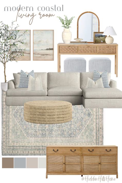 Organic coastal living room decor mood board with blue and tan tones Non Tv Living Room, Cream Beige Blue Living Room, Light Blue Coastal Living Room, Coastal Living Rooms Blue Sofa, Coastal Design Living Room, Transitional Coastal Living Room, Living Room Designs Blue And Gray, Warm Coastal Living Room, Light Blue Couch Living Room Ideas