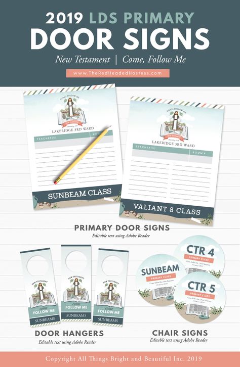 2019 LDS Primary Door Hangers, Chair Signs, and Door Signs (New Testament - Come Follow Me) Lds Primary Door Signs, Primary Presidency, Class List, Classroom Door Signs, The Red Headed Hostess, Lds Primary, The Book Of Mormon, Classroom Door, Spiritual Development