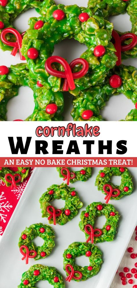 Christmas Wreath Cookies are as fun to make as they are to eat! Turn cornflake cereal into festive treats with this easy recipe and just a handful of ingredients. No need to bake Christmas wreath cookies because they’re made in a large pot on top of the stove. They're the perfect addition to your Christmas cookie tray or box! Christmas Wreath Dessert, Food Wreath, Cornflake Wreaths, Christmas Dessert Tray, Cinnamon Candies, Christmas Cookie Tray, No Bake Christmas, Christmas Wreath Cookies, Christmas Desserts Kids