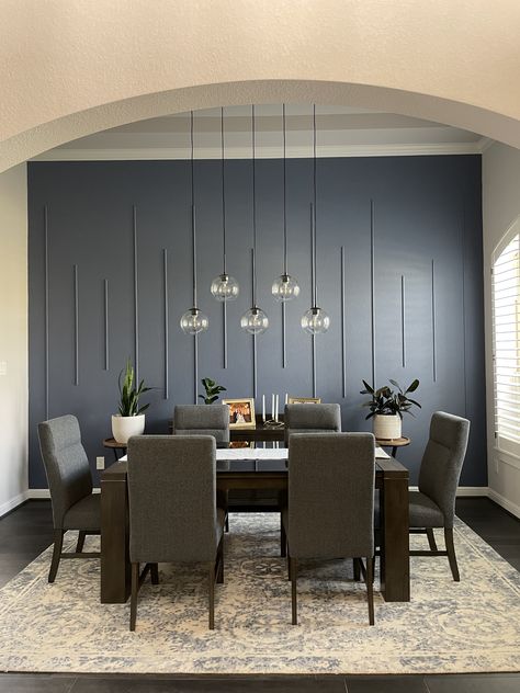 Accent Small Wall Ideas, Accent Wall Conference Room, Dining Rooms With Accent Walls, Dark Grey Accent Wall Dining Room, Dining Area Wall Panelling, Business Accent Wall Ideas, Dowel Accent Wall, Half Dowel Wall, Dining Room Half Wall Paneling Ideas