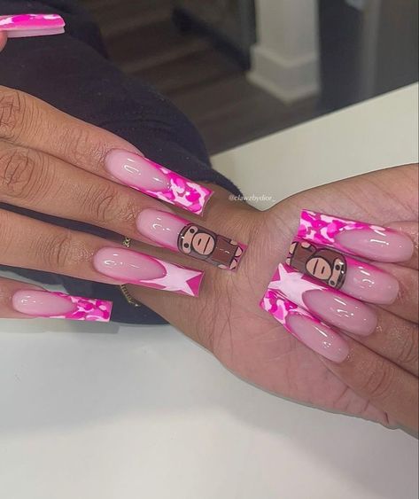 Hypebeast Nails Short, Hype Beast Nails, Bape Nails Acrylic, Hypebeast Nails, Blk Nails, Bape Nails, Pink Camo Nails, Black French Tip Nail, Nails Fire