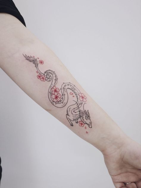 Chinese Dragon Ankle Tattoo, Haku Cherry Blossom Tattoo, Minimal Tattoo Dragon, Simple Haku Tattoo, Dragon Protector Tattoo, Haku Wrist Tattoo, Haku Dragon Tattoo Wrap Around, Simplistic Dragon Tattoo, Minimalist Chinese Dragon Tattoo