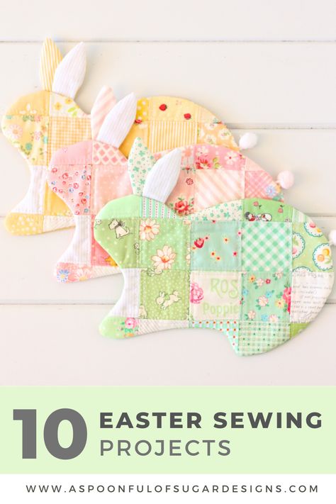 There is something very special about including handmade items in your Easter decorating. One of a kind handmade projects add a lovely touch to your Easter table. I have assembled a roundup of 10 Easter sewing projects that can be easily made in an hour or two. Hope you find something here to inspire you. Quick Easter Sewing Projects, Spring Sewing Ideas, Easter Egg Sewing Pattern, Easter Sewing Projects Table Runners, Easter Quilting Projects Table Toppers, Scrap Fabric Bunny Pattern, Spring Sewing Projects, Stars Table Topper, Mini Easter Basket