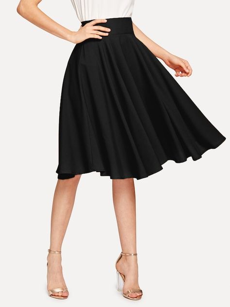 High Rise Wide Waistband Circle Skirt -SheIn(Sheinside) Skirts Midi High Waisted, Couture Mode, Spandex Dress, Style Noir, Hem Skirt, Skirts Online, Body Con Skirt, Bottom Clothes, Knee Length Skirt