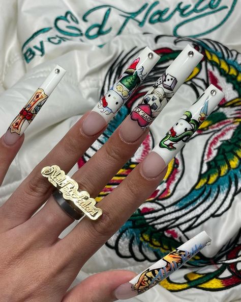 OC/LA NAIL ARTIST | INSTRUCT♡R ⭐️ | ED HARDY X HK NAILS 🥹🥀🎀🐍🎲🌟 handpainted on me by me using @thatssosupplyy liners always… | Instagram French Tips Long Nails, Nail Designs Hello Kitty, Ed Hardy Nails, French Tips Long, Hk Nails, Christ Nails, Boho Nails, Natural Nail Art, Kitty Nails