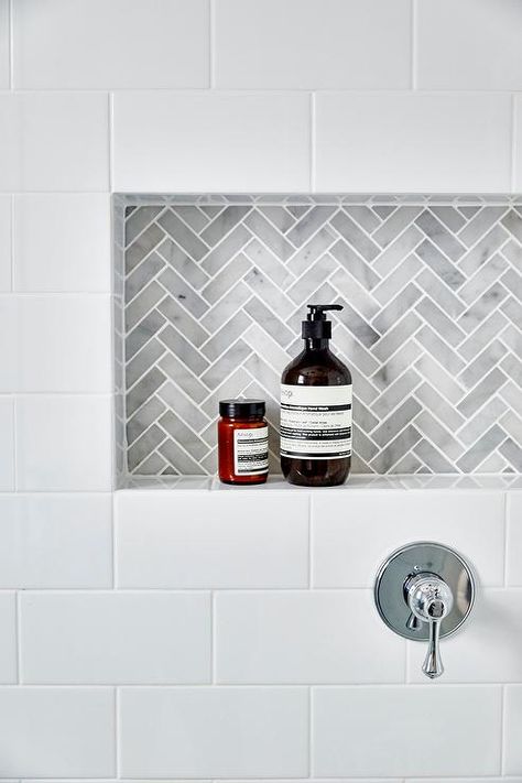 Another niche idea. White subway tiles frame a gray marble herringbone tiled shower niche. Tile Shower Niche, Marble Herringbone, White Subway Tiles, Bad Inspiration, Tiny House Bathroom, Shower Niche, Subway Tiles, Bath Room, Laundry In Bathroom