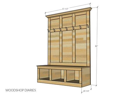 DIY Hall Tree Shoe Storage Bench for Mudroom -- Building Plans! Farmhouse Entryway Bench With Shoe Storage, Tree Hall Bench Entryway Diy, Hall Tree Dimensions, Entryway Bench And Coat Rack Diy, Diy Hall Tree With Storage Plans, Diy Built In Hall Tree, Hall Tree Built In, Hall Tree Entryway Diy Plans, Halltree Bench Entryway Diy