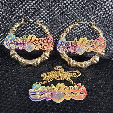 "🌈Beautiful and colorful rainbow fade set in your choice of font, background color and choice of earring and necklace size! 🌈For adults or children 🌈The set will include a pair of earrings and a matching necklace 🌈Children's size is 1.8\" bamboos and adult sizes are 2.5 inches, 3 inches or 3.5 inches 🌈All color bamboos (black, white, pink, red, blue) are 3.5\" inches (adult size) 🌈To order: please leave your name or word choice (up to 12 letters), font choice, background color (default is Business Baby, York Travel, Letter Earrings, Name Earrings, Acrylic Jewelry, Bamboo Earrings, Beauty Gadgets, Style Hip Hop, Dope Jewelry