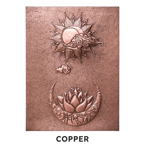 "Custom copper mandala art with a moon, sun, and lotus design hand-hammered by a talented coppersmith. The moon mandala is a significant symbol in Buddhism. It is the symbol of Bodhicitta which means \"mind of enlightenment\". The lotus represents renunciation and the sun represents the understanding of voidness. This meaningful artwork will make your mind more peaceful and relaxed. AVAILABLE IN 9 COLORS Brown Copper Copper&Black Silver Silver&Copper Silver&Black Blue Green Black&Copper MADE-TO- Copper Relief Art, Copper Art Work, Copper Sheet Art, Copper Aesthetic, Copper Embossing, Mandala Blue, Copper Artwork, Wall Decor Aesthetic, Moon Mandala