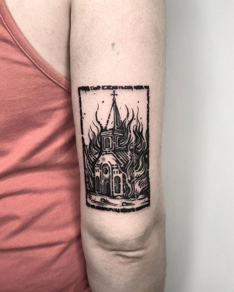 House On Fire Tattoo, Woodcut Tattoo Flash, Medieval Style Tattoo, Woodwork Tattoo, Aelin Tattoo, Engraving Style Tattoo, Medieval Woodcut Tattoo, Black Metal Tattoo, Occult Tattoos