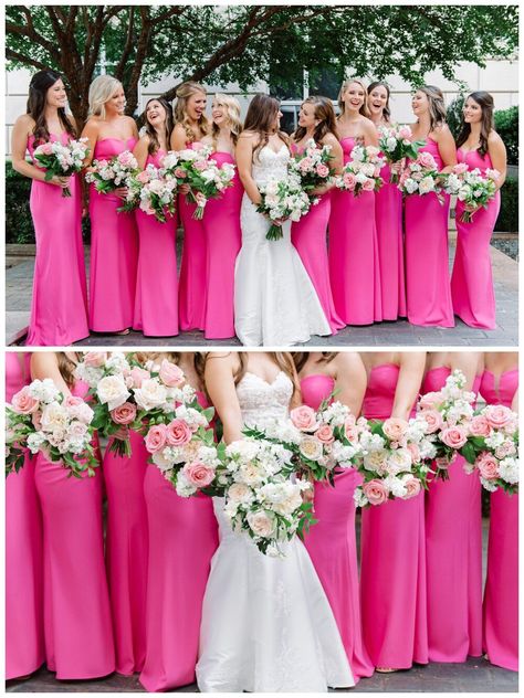 Bright Pink Bridesmaid dresses. Pink and white garden style bridesmaid bouquets. Hot Pink Bridesmaids Dresses Hot Pink, Wedding Color Schemes Hot Pink, Hot Pink And Blush Wedding, Flamingo Pink Bridesmaid Dresses, Hot Pink Western Wedding, Neon Pink Bridesmaid Dresses, Hot Pink Flowers Wedding, Pink Tulle Bridesmaid Dress, Bubble Gum Pink Bridesmaid Dresses