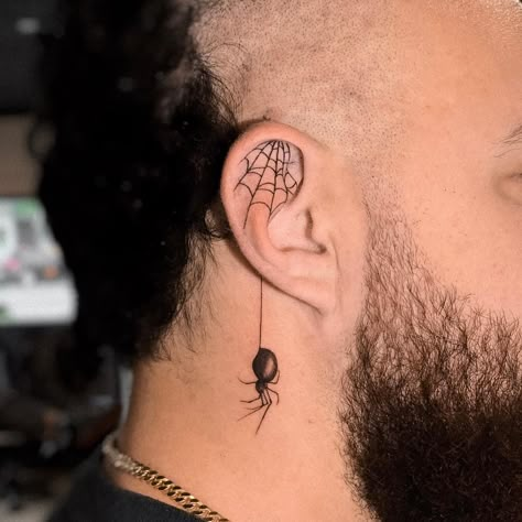 Blackwork Spider Behind The Ear Tattoo Ear Tats, Gotik Tattoo, Tato Flash, Small Neck Tattoos, Behind Ear Tattoos, Circle Tattoos, Ear Tattoos, Spider Tattoo, Neck Tattoos