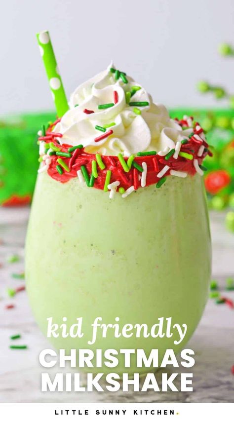 This Christmas Milkshake is a rich light green milkshake that is made with vanilla ice cream, and topped with fresh whipped cream and extra sprinkles for a fun holiday treat! Green Milkshake, Fun Christmas Drinks, Homemade Milkshake Recipe, Holiday Dessert Drinks, Christmas Smoothies, Milkshake Recipe Easy, Homemade Milkshake, Christmas Breakfast Casserole, Little Sunny Kitchen