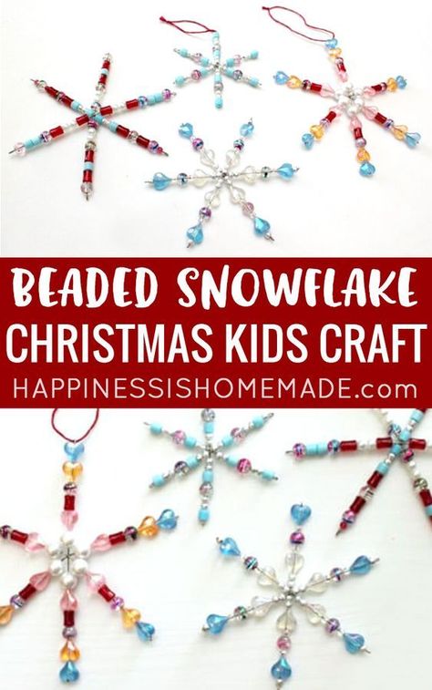 Snowflake Ornaments Diy, Kids Christmas Craft, Beaded Ornaments Diy, Beaded Snowflakes Ornament, Beaded Snowflake, Diy Beaded Ornaments, Christmas Crafts To Sell, Preschool Christmas Crafts, Christmas Crafts For Adults