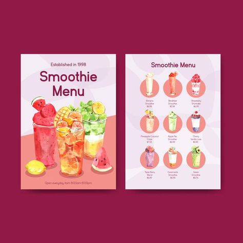 Menu template with fruits smoothies conc... | Free Vector #Freepik #freevector #summer #restaurant #fruit #cafe Fruits Smoothies, Summer Restaurant, Juice Menu, Smoothie Menu, Healthy Restaurant Food, Organic Smoothies, Cafe Menu Design, Smoothie Shop, Coffee Shop Menu