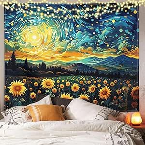 XIGUAGUO Sunflower Starry Tapestry for Bedroom Aesthetic Decor Wall Hanging Home Dorm