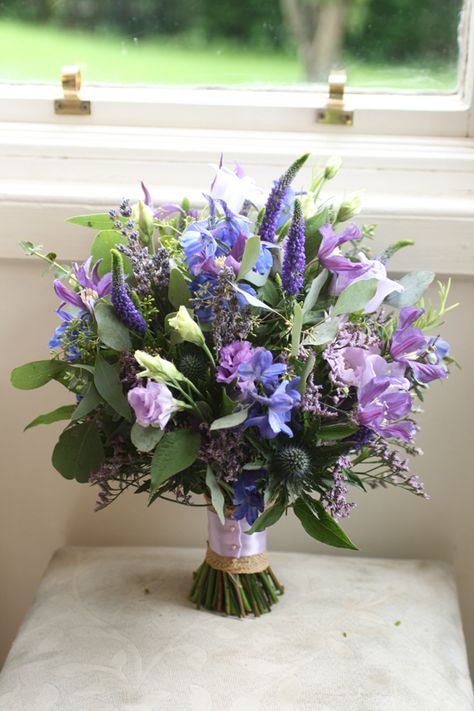 Veronica Flower Bouquet, Lilac And Blue Wedding, Clematis Wedding, Clematis Bouquet, Blue Campanula, Lavender Delphinium, Eustoma Bouquet, March Wedding Flowers, Marquee Wedding Decoration