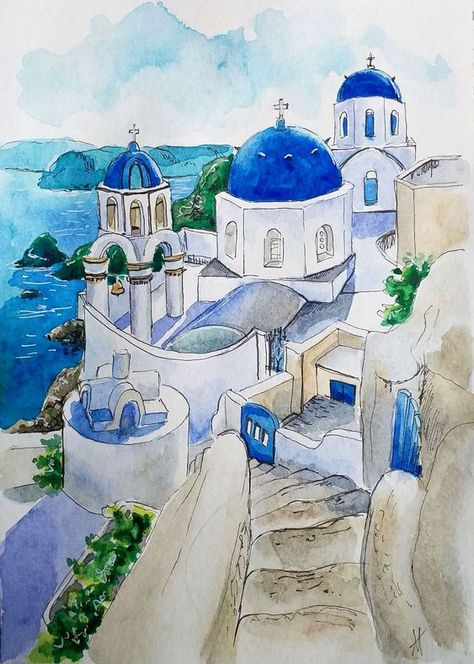 Photos To Paint, Greece Drawing, Water Dancing, Artistic Activities, Dancing Drawing, Greece Painting, Watercolor House Painting, Watercolor House Portrait, Diy Watercolor Painting