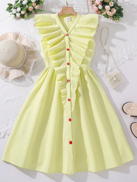 Yellow Cute Collar Cap Sleeve Fabric Plain A Line Embellished Slight Stretch  Tween Girls Clothing Kids Dress Design, Long Frocks For Girls, Teenage Dress, Cute Sleeves, Kids Party Wear Dresses, Dress With Ruffle Hem, Simple Frock Design, Simple Frocks