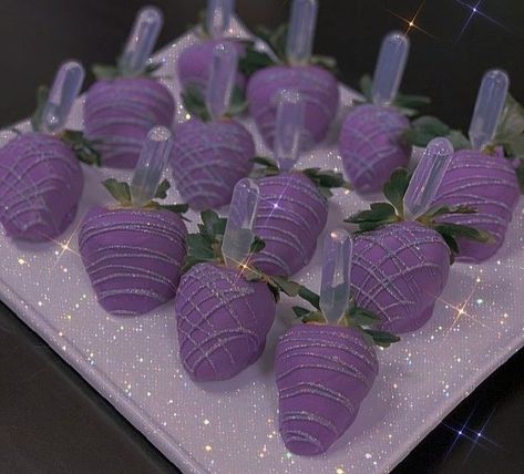 Purple Glitter Birthday Party Ideas, Purple Themed Sleepover, Purple Candy Aesthetic, Purple Aesthetic Birthday, Purple Party Foods, Purple Strawberries, Sweet Sixteen Party Themes, Violet Bouquet, Purple Sweet 16