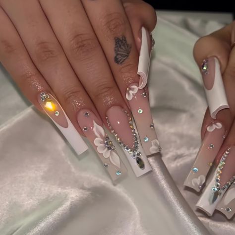 White French Tip Acrylic Nails, White French Tip Acrylic, Nails Long Square, Press On Nails Long, White French Tip, Purple Diamond, Flower Soft, Gold Powder, Pink And White Flowers