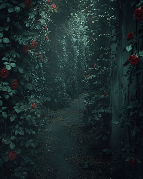 Venturing deeper, you find yourself in a maze of towering, thorny vines that seem to pulse with a life of their own. ⁠ The air is thick with the scent of wild roses and danger. The thorns twist and turn, guiding and blocking your way, forming a labyrinth that feels alive. ⁠ Each step you take is a puzzle, and every wrong turn tightens the thorns around you, as if the maze itself is testing your resolve.⁠ ⁠ ⁠ #aiart #aiartwork #aiartcommunity #aiimage #aipainting #digitalart #art #aiphoto #ar... Dark Maze Aesthetic, Garden Maze Aesthetic, Hedge Maze Aesthetic, Roses In Nature, The Labyrinth Aesthetic, Thorns Aesthetic, Maze Aesthetic, Roses With Thorns, Dangerously Yours