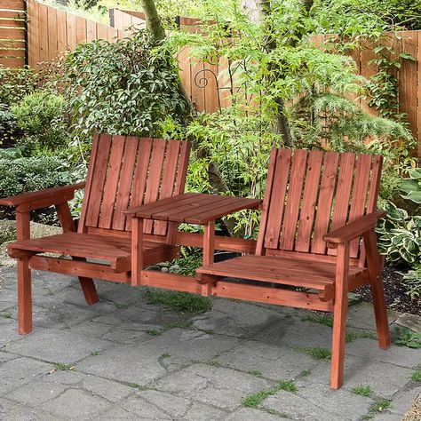 Andover Mills™ Wilhelmina Outdoor Patio Wooden Tete-a-Tete Bench | Wayfair Wooden Outdoor Bench, Antique Loveseat, Outside Benches, Small Tea Table, Garden Cover, Middle Table, Wooden Garden Benches, Parasol Umbrella, Wooden Patios