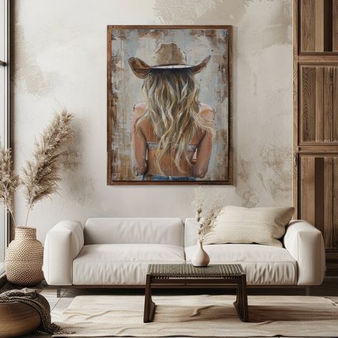 Boho Western Decor Living Room, Nashville Home Decor, Cowboy Hat Wall Display, Living Room Western Decor Ideas, Coastal Western Aesthetic, Cowgirl Living Room, Western Wall Decor Bedroom, Western Salon Decor, Cow Print Room Decor