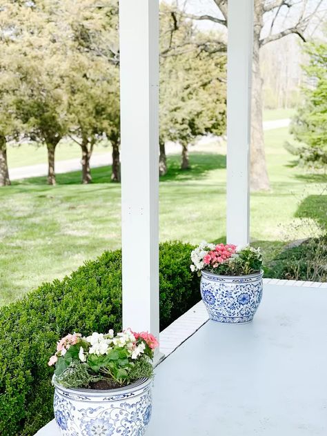 Blue & White Ceramic Planter, … curated on LTK Aesthetic Front Yard, Home Exterior Farmhouse, Pots Front Door, Front Door Aesthetic, Landscaping Front Porch, Front Porch Landscaping, Front Porch Flower Pots, Exterior Farmhouse, Front Porch Plants