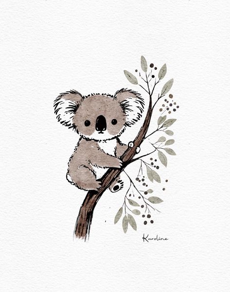 Print of my hand drawn drawing of a koala sitting on a branch. Perfect for baby's room. - Din A5 - 320 g/m2 watercolor paper - Signed - Without frame. @Karoline Leitner Koala Drawing Easy, Cute Koala Drawing, Koala Wallpaper, Koala Painting, Koala Cartoon, Kawaii Koala, Molang Wallpaper, Koala Illustration, Koala Drawing