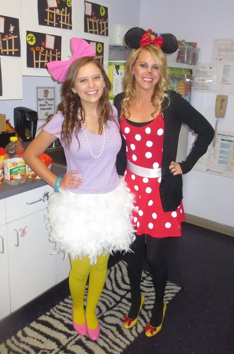 Daisy Duck and Minnie Mouse! Daisy And Minnie Costumes, Donald And Daisy Duck Costumes, Daisy Duck Costume For Women, Diy Daisy Duck Costume For Women, Minnie And Daisy Costume, Daisy Duck Halloween, Minnie Mouse And Daisy Duck Costumes, Minnie Mouse And Daisy Duck Halloween Costumes, Adult Daisy Duck Costume