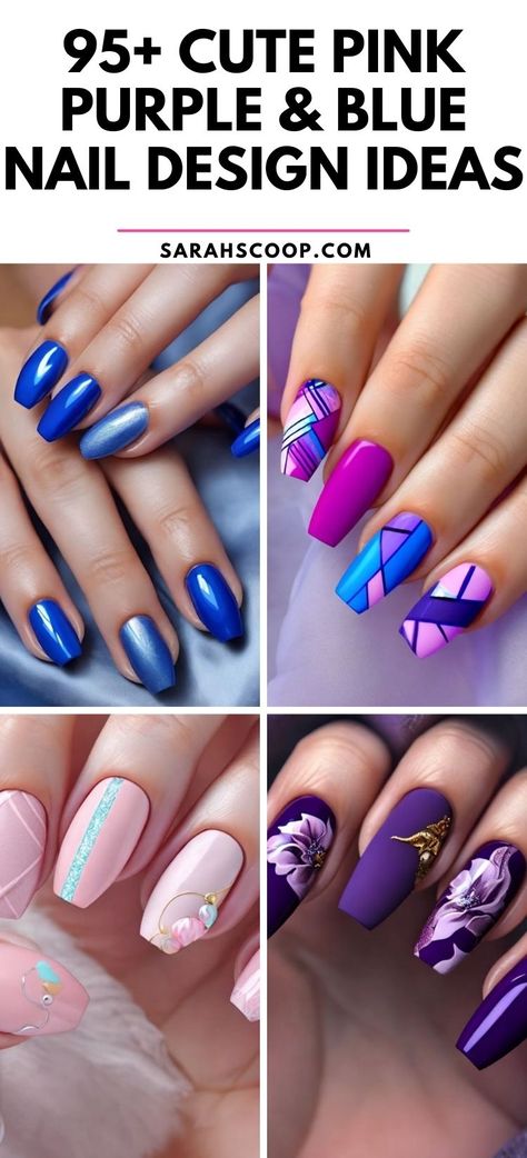 Check out these dazzling pink, purple, and blue nail designs! 💗💜💙 #nailinspo #pink #purple #blue Pink And Blue Nail Designs Ideas, Cute Blue And Purple Nails, Pink Nails With Blue Design, Blue And Pink Gel Nails, Pink Purple Nail Designs, White And Purple Nail Designs, Purple And Pink Nails Design, Purple And Blue Nails Ideas, Hot Pink And Purple Nails