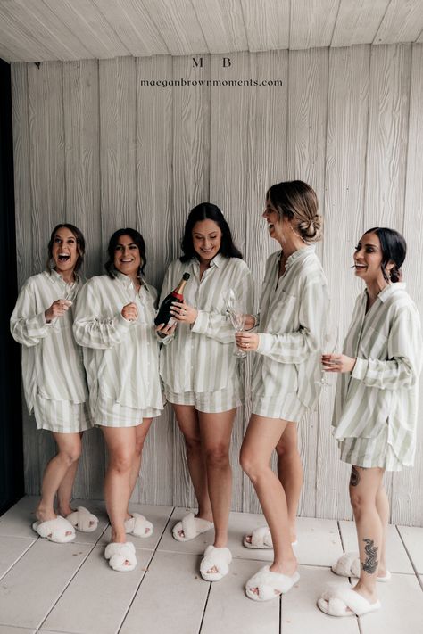 Lauren and her girls were so adorable in their matching Pyjama sets and fluffy slippers. Rather than matching bridesmaids gowns why not try a cute pyjama set too when you're getting ready on your wedding day! Matching Getting Ready Outfits, Wedding Getting Ready Outfit Bridesmaid, Unique Bride Getting Ready Outfit, Bridesmaids Matching Pjs, Bridal Party Outfits Getting Ready Fall, Getting Ready Wedding Photos Bridesmaids Pajamas, Bridesmaids Pajama Set, Bridesmaid Getting Ready Outfit Fall, Getting Ready Bridesmaids Outfit