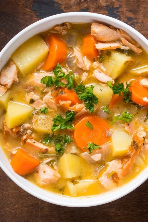 Simple Salmon Soup: Fresh Herb & Lemon 1 Salmon Soup Recipes, Salmon Soup, Yukon Potatoes, Easy Soup, Colorful Vegetables, Salmon Dishes, Vegetable Soup Recipes, Easy Soups, Ultimate Comfort Food