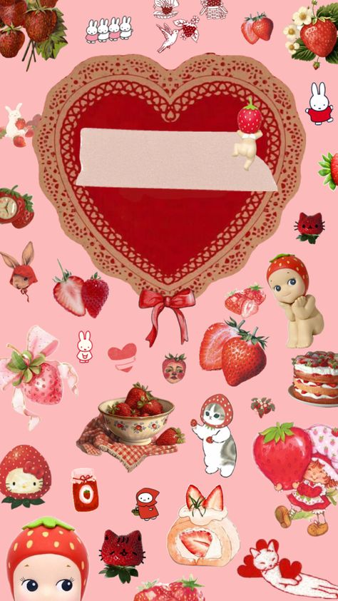 Strawberry wallpaper with Sonny angels and Miffy! Miffy Strawberry Wallpaper, Strawberry Coquette Wallpaper, Strawberry Wallpaper Iphone, Strawberry Wallpaper, Strawberry Background, Pink Core, Angel Wallpaper, Lock Screens, Cute Strawberry