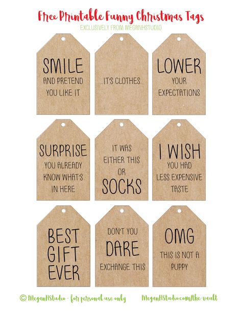 Free Funny Christmas Gift Tags Printables – MeganHStudio Funny Christmas Tags, Christmas Gift Quotes, Homemade Gift Tags, Tags For Gifts, Santa Gift Tags, Christmas Tags Printable, Free Printable Tags, Free Printable Gifts, Gift Wrapping Inspiration