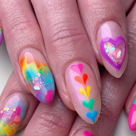 Mia on Instagram: "The most rainbow valentine nails I could conjure up for Jen 🌈 ❤️ 
#rainbownails #heartnails #valentinenails #nailinspo #happyvalentinesday" Pride Heart Nails, Neon Heart Nails, Rainbow Heart Nails, Valentine Nails, Nail Stuff, Glam Nails, February 8, Rainbow Nails, Nails 2024