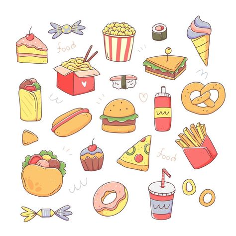 Fast food set of elements in a cute kawaii doodle style. Vector isolated junk food illustration. Fast Food Doodles, Food Doodle Art Illustrations, Cute Food Drawings Cartoons, Junk Food Doodles, Junk Food Drawing, Snacks Drawing, Fast Food Illustration, Kawaii Doodle, Food Doodles