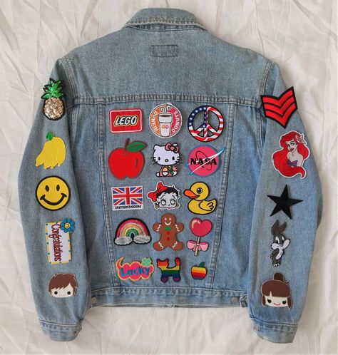 Upcycled Jean Jacket With Patches / Reworked Vintage Jean | Etsy Thailand Patches On Jacket, Jean Jacket With Patches, Patched Pants, Art Pants, Pants Diy, Patches Vintage, Jeans Patch, Jacket With Patches, Jean Jacket Patches