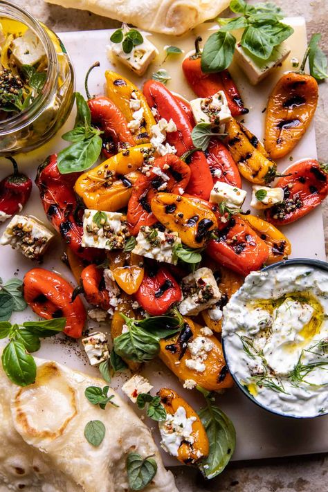 Charred Peppers, Marinated Feta, Vegetable Ideas, Roasted Olives, Half Baked Harvest Recipes, Grilled Peppers, Bbq Sides, Whipped Feta, Harvest Recipes