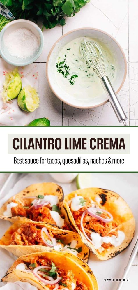 Elevate your tacos and Mexican dishes with the ultimate Cilantro Lime Crema! In just 2 minutes, you can whip up this creamy and flavorful sauce that's bursting with fresh cilantro and zesty lime. All you need is 5 ingredients - sour cream, mayonnaise, lime juice, fresh cilantro and kosher salt. It's the perfect topping to add a burst of freshness and tang to your favorite tacos, quesadillas, nachos and more. Find the full cilantro lime crema recipe and video tutorial on my blog. Lime Cream Sauce For Tacos, Taco Sauces, Cilantro Lime Crema Recipe, Wednesday Meals, Sauce For Tacos, Lime Crema Recipe, Cilantro Lime Crema, Taco Ideas, Fish Tacos With Cabbage